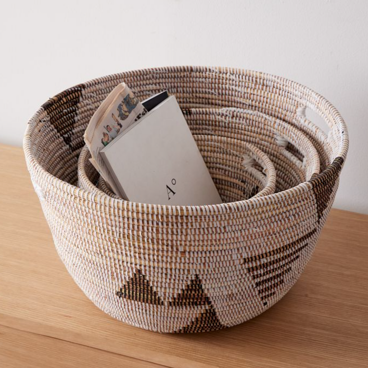 Handwoven Black & White Oval Storage Basket Set of 3