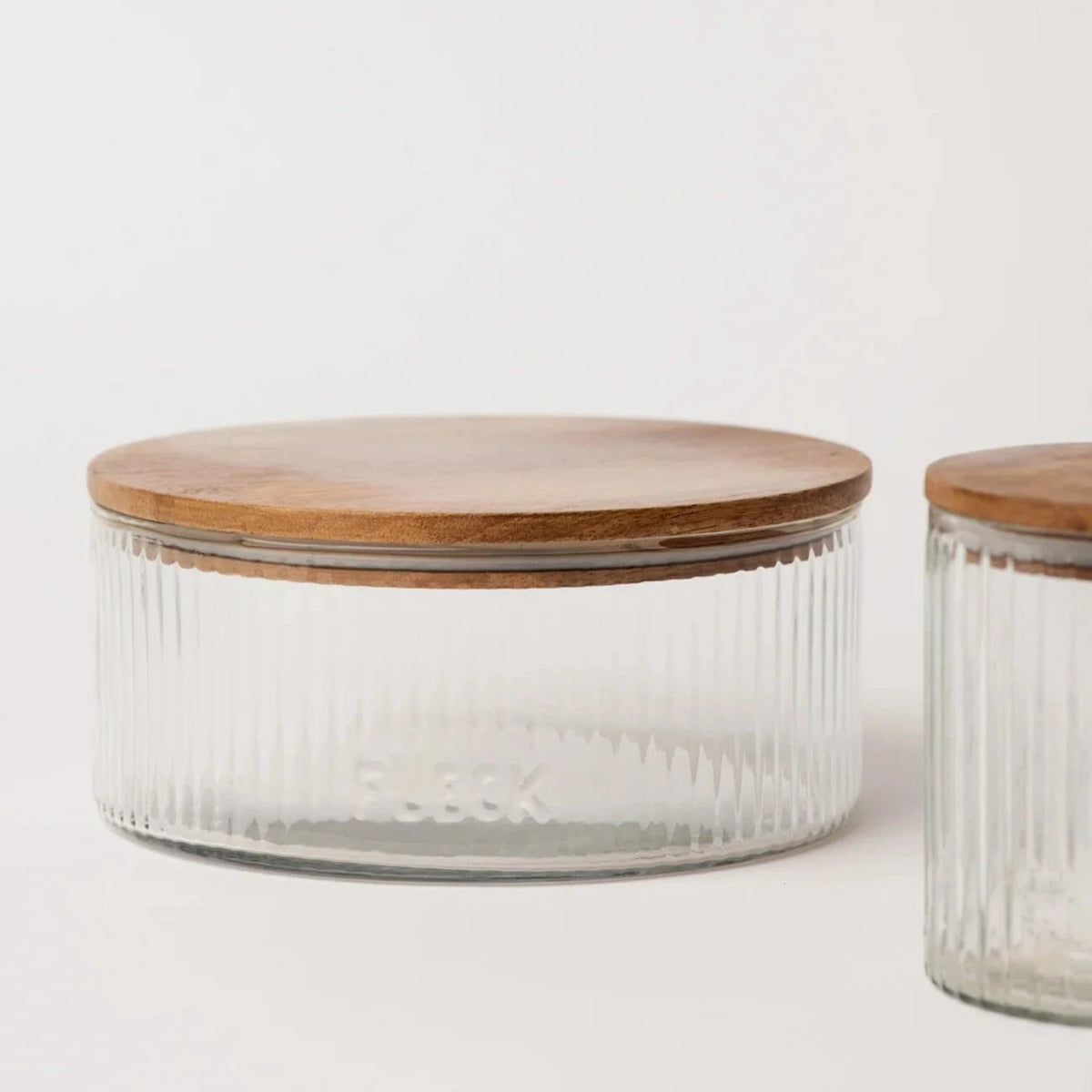 Set of 3 Fluted Glass Storage Jars with Wood Lids