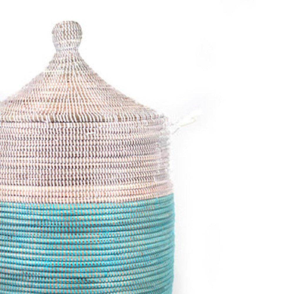 Large Turquoise & White Handwoven Storage Basket