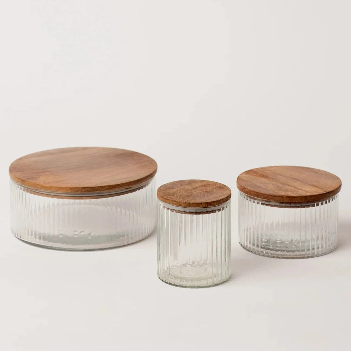 Set of 3 Fluted Glass Storage Jars with Wood Lids