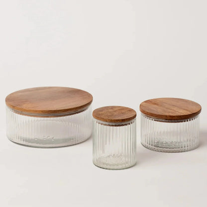 Set of 3 Fluted Glass Storage Jars with Wood Lids