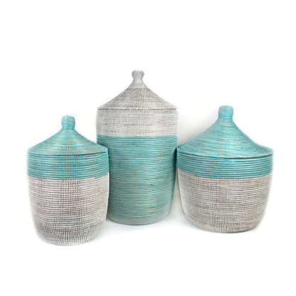 Large Turquoise & White Handwoven Storage Basket