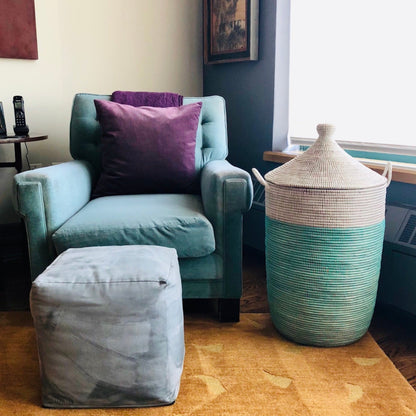 Large Turquoise & White Handwoven Storage Basket
