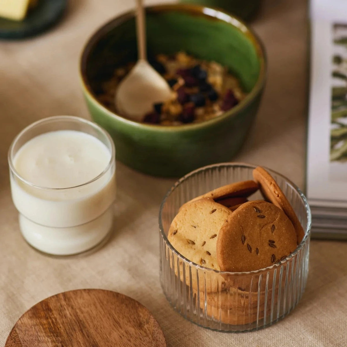 Set of 3 Fluted Glass Storage Jars with Wood Lids