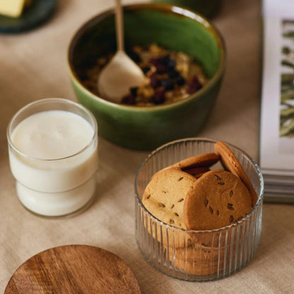 Set of 3 Fluted Glass Storage Jars with Wood Lids