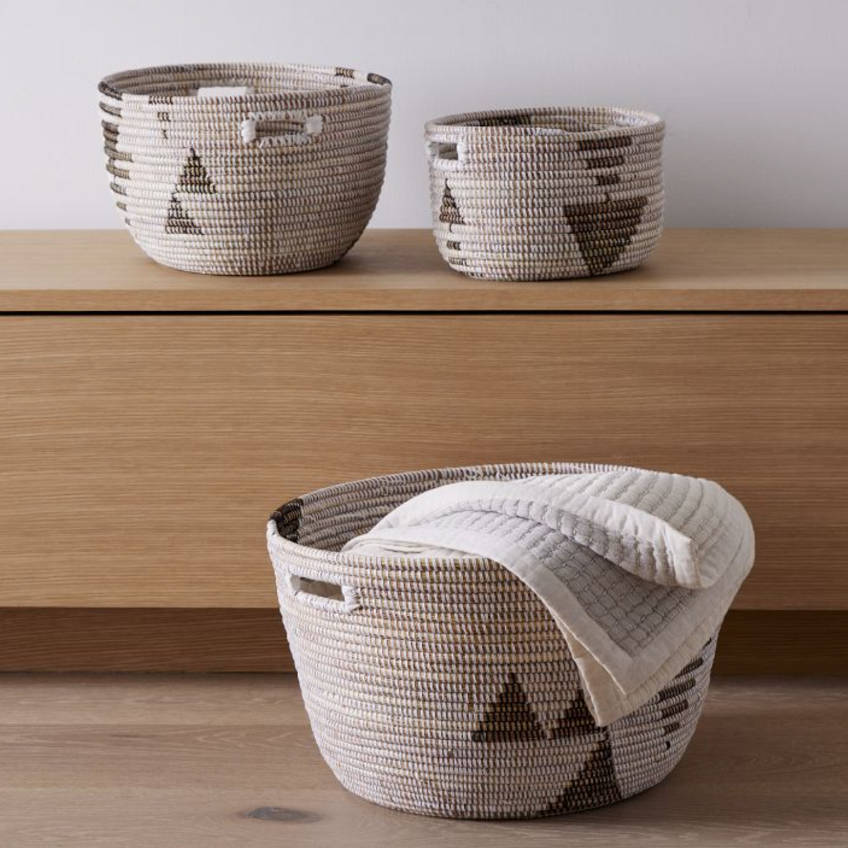Handwoven Black & White Oval Storage Basket Set of 3