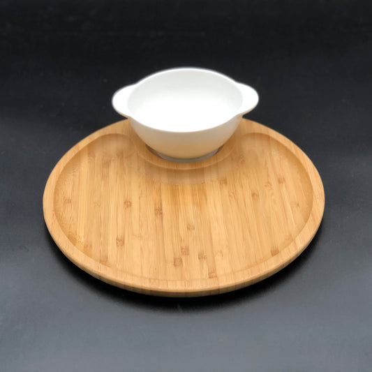 Porcelain Soup Bowl & Bamboo Serving Tray Set