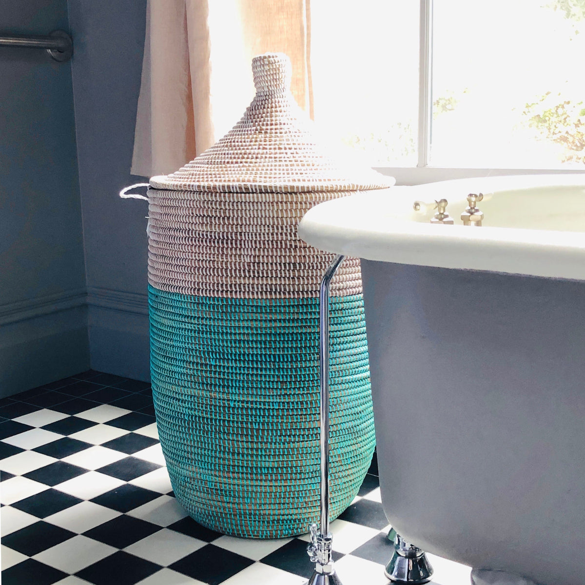 Large Turquoise & White Handwoven Storage Basket