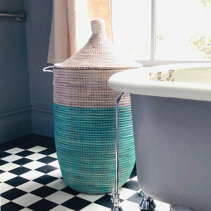Large Turquoise & White Handwoven Storage Basket