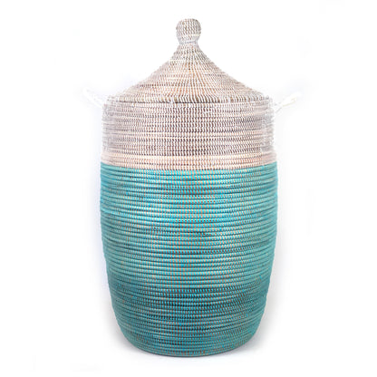 Large Turquoise & White Handwoven Storage Basket