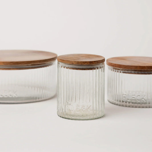 Set of 3 Fluted Glass Storage Jars with Wood Lids