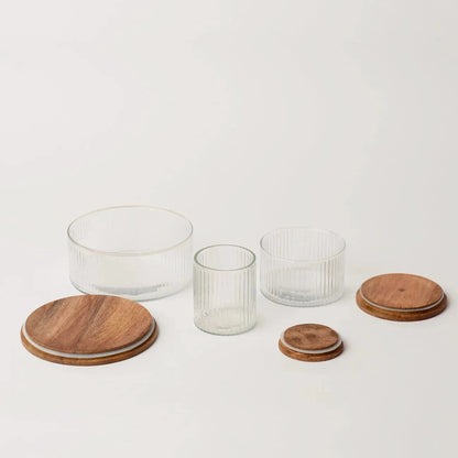 Set of 3 Fluted Glass Storage Jars with Wood Lids
